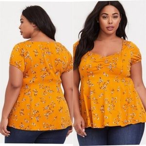 TORRID Golden Orange Floral Stretch Challis Fit & Flare Top 1X (14-16)